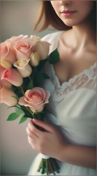 young beautiful woman with a bouquet of flowers close up.