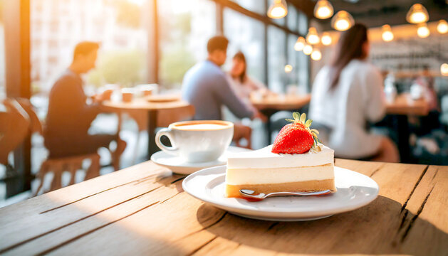 Erdbeerkuchen und Kaffe auf einem Holztisch in einem Gastronomiebetrieb 