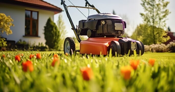 Lawn mower in a sunny garden at spring time. Generative AI