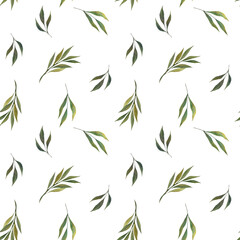 Seamless watercolor pattern with green leaves. Summer background with branches and leaves. Watercolor floral illustration on a white background