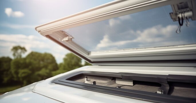 The Open Roof Hatch of a Camper Van, Inviting the Great Outdoors Inside. Generative AI