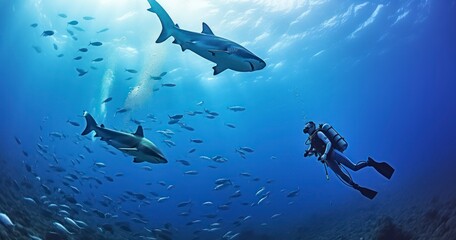 A Diver's Encounter with Majestic Grey Reef Sharks in the Deep Blue. Generative AI