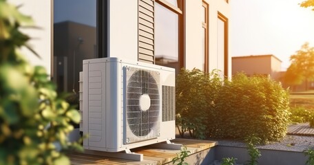 A Heat Pump Outdoor Unit Standing by a Newly Constructed Single-Family House. Generative AI