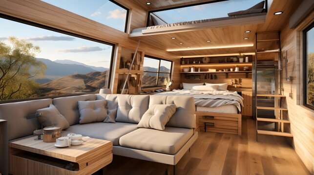 Modern interior of a tiny house with large windows