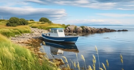 Naklejka na ściany i meble A Motorboat Perfectly Nestled on the Grass-Fringed Shore of an Enchanting Island. Generative AI