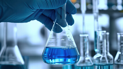 Science and Chemistry. A scientist in a laboratory analyzes a blue substance in a test tube. Medical research for pharmaceutical discoveries, development of biotechnology in healthcare. - obrazy, fototapety, plakaty