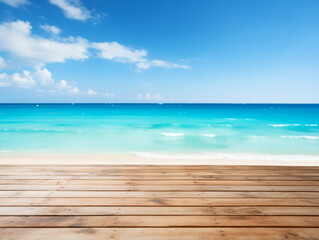 Beach with wooden walkway and blurred ocean,
