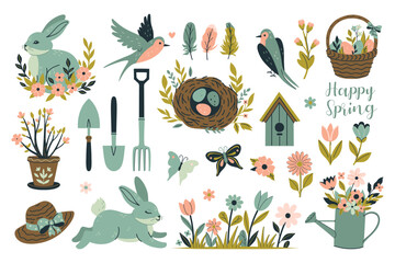 Set of spring items, swallows, rabbits, flowers, eggs. Vector graphics. © Екатерина Зирина