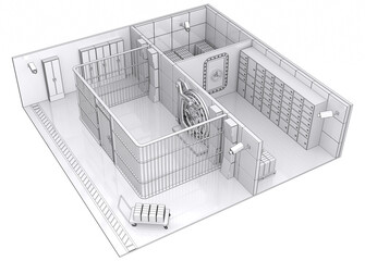 Contour visualization of bank vault. Isometric 3d illustration isolated on white