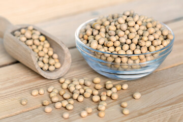 Soybean on wooden table.