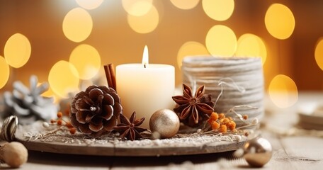 Fototapeta na wymiar Cozy atmosphere. Rustic decor for christmas holiday family dinner. Center piece with white candle. Generative AI