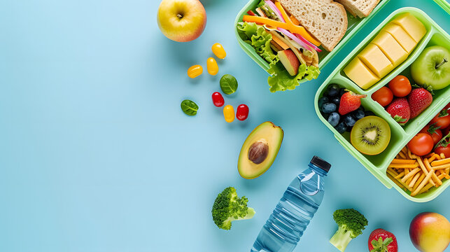 Refresh your study break: Top view photograph featuring a lunch box containing sandwiches, fruits, vegetables and a water bottle on a pastel blue isolated surface, perfect for text or advertisements
