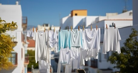 A Unique Blend of Hanging Clothes with Urban Structures in the Background. Generative AI