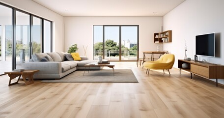 Fototapeta na wymiar An Unfurnished, Open Living Room with Gleaming Hardwood Floors in a Sleek Apartment. Generative AI
