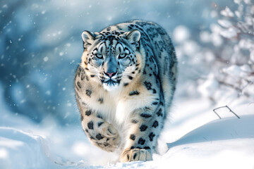 A majestic snow leopard gracefully navigating through a wintry landscape