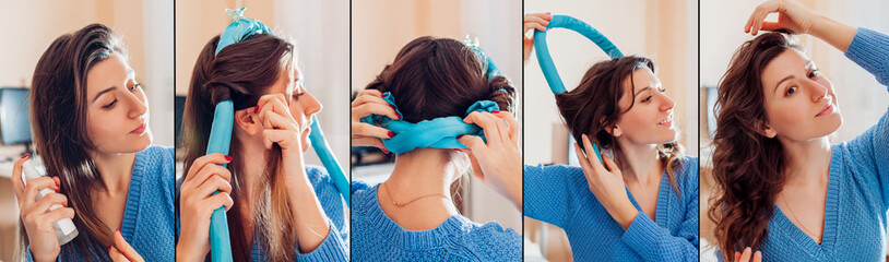 Step by step instruction on using heatless hair curler at home. Woman doing hair applying soft...