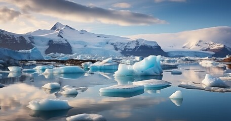 Fototapeta na wymiar Icebergs floating in lake situated at head of glacier. Generative AI