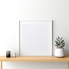 White frame mockup with potted plant and candle on wooden shelf,