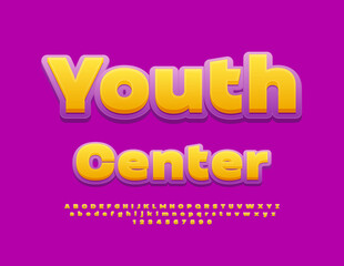 Vector trendy logo Youth Center. Modern creative Font. Set of Bright Alphabet Letters and Numbers.