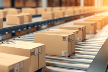 Cardboard boxes on a conveyor belt in a warehouse