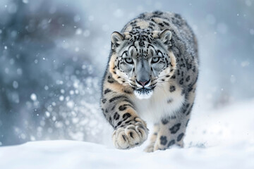 A majestic snow leopard gracefully navigating through a wintry landscape