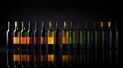 Set of Wine bottles standing in line on dark background