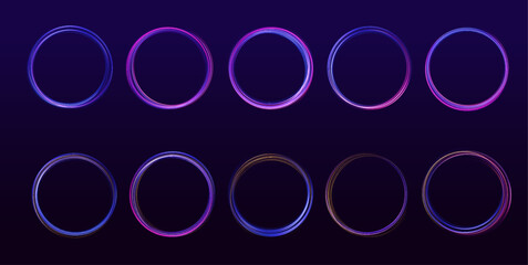 Set of neon blurry light circles at motion . Vector swirl trail effect. Abstract vector fire circles, sparkling swirls and energy light spiral frames.