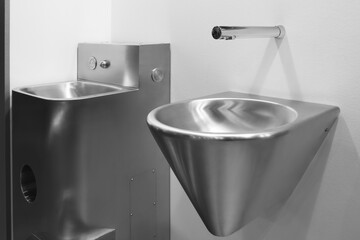 Fototapeta premium Stainless steel bathroom public toilet interior