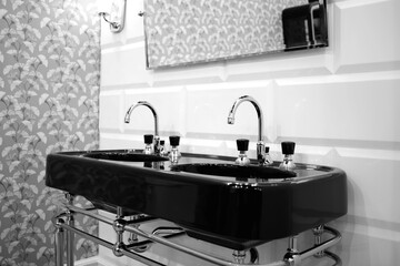 Modern bathroom interior, modern bathroom cabinet, white sink, wooden vanity, interior plants, bathroom accessories, bathtub and shower