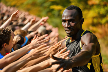 A male runner high-fiving spectators as he races by, showcasing the support and community spirit during a marathon event.