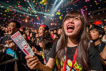 Excited young woman cheering and holding a ticket at a live music concert among a vibrant crowd.
