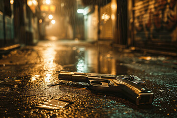 A pistol lies on a wet city street at night, suggesting a crime scene or a dramatic urban story.