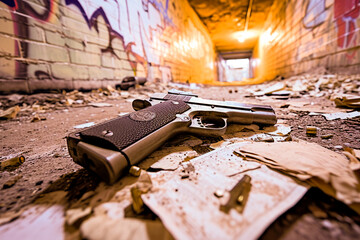 Abandoned handgun lying on the ground with graffiti on the walls in a gritty urban alleyway,...