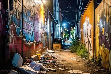 A nighttime urban alley with colorful graffiti art on walls and scattered litter on the ground.