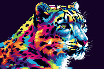 A pop art-inspired composition featuring a snow leopard in bold, contrasting colors