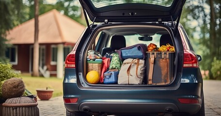 Fototapeta premium A Family's Vacation Gear Neatly Arranged in an Open Car Trunk, Ready for the Road. Generative AI