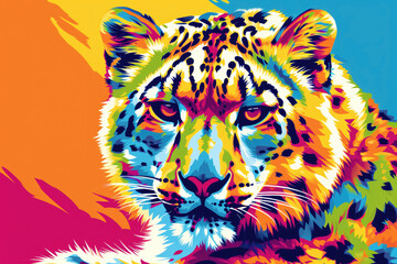 A pop art-inspired composition featuring a snow leopard in bold, contrasting colors