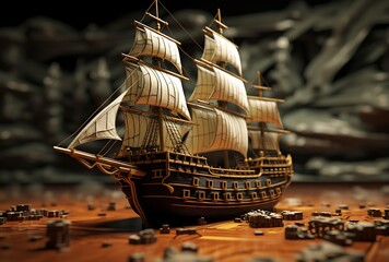 3d illustration of an old ship on a wooden background. 3d rendering