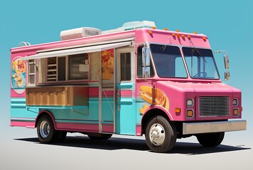 Pink and blue ice cream truck on a blue background. 3d rendering