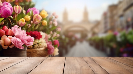An empty wooden table top blurred flower market, copy space banner display of vibrant spring  tulips and peonies