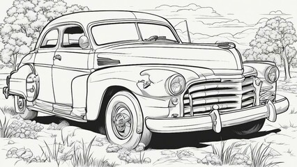 old car on the road coloring book page a black and white line drawing of a vintage car in a rural setting, showing its sleek design and chrome details