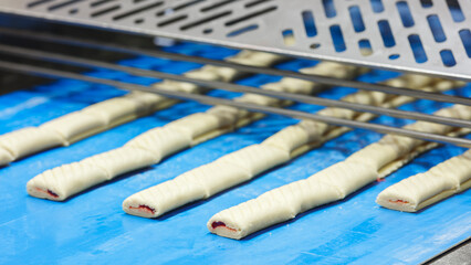 cookies on a conveyor belt ready for baking in the oven