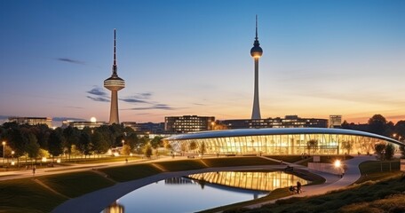 Obraz premium Olympic Park under a Twilight Sky, Highlighting the Olympic Building, and a Peaceful Pond. Generative AI