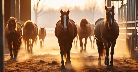 Group of horses exiting the stable on a cold winter morning. Generative AI