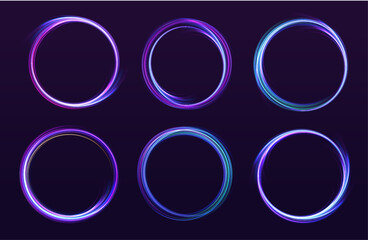 Night road speed illustration. Rounded neon line with light effect. Energy flow tunnel. Blue portal, platform.	
