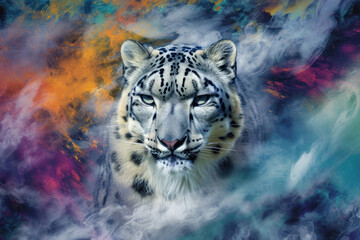 A surreal photo of a snow leopard's intense gaze amidst a psychedelic swirl of colors