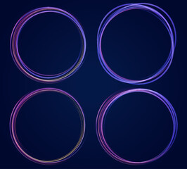Colored neon ovals or circles for swirl shiny rings light effect. Glow luminous glitter shimmer trail. Curve light effect of multicolored line. Blurred spiral ring. Bokeh effect. Vector illustration.