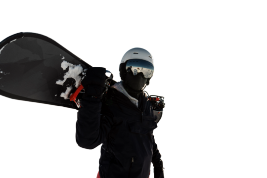 A male snowboarder in a winter suit and helmet holds a snowboard. Transparent background.l