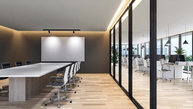 Animation of modern contemporary meeting room move to office space with city view 3d render, There are wooden floor furnished with white chair and glossy white top table