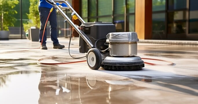 The Art of Cleaning an Exterior Concrete Floor with a Polishing Machine and Effective Chemicals. Generative AI